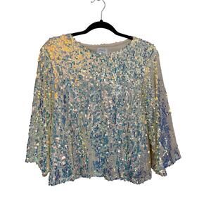 Koko + Mason Sequin Blouse XS White Iridescent Party Event Sparkly Eveningwear